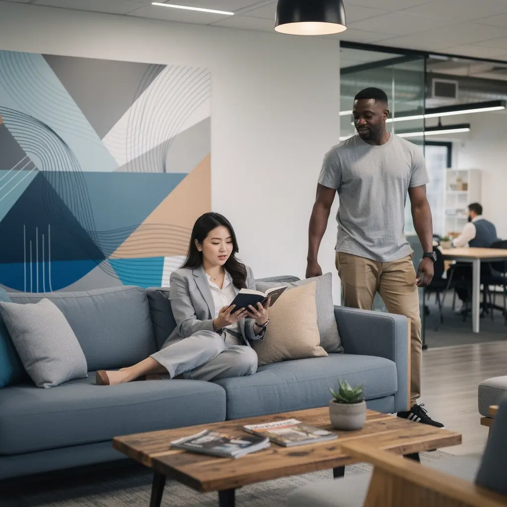 Widok na biuro z oknami, które wpuszczają naturalne światło i tworzą przyjazną atmosferę.