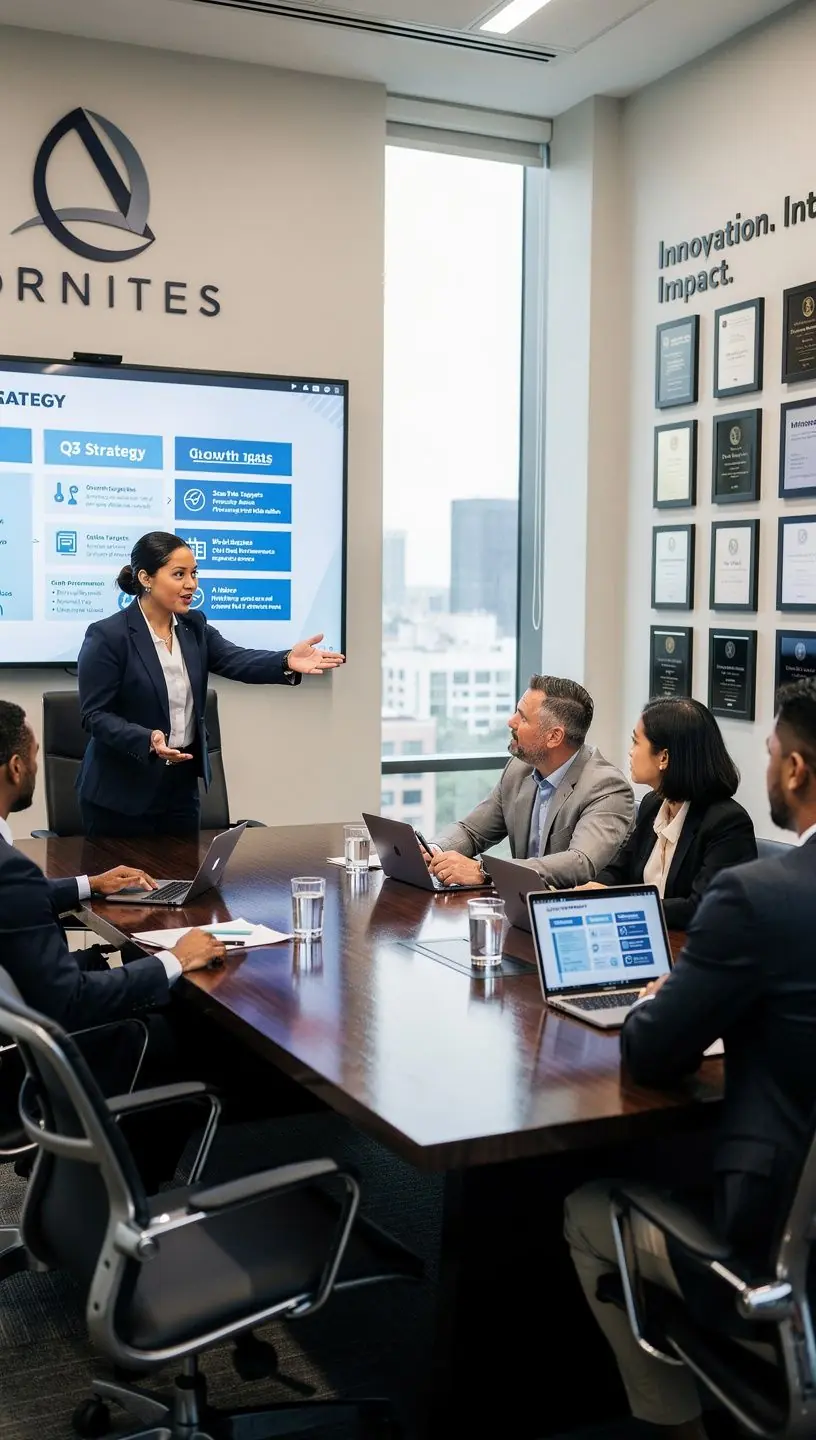 Nowoczesne biuro z ergonomicznie zaprojektowanym umeblowaniem i strefami do pracy zespołowej.
